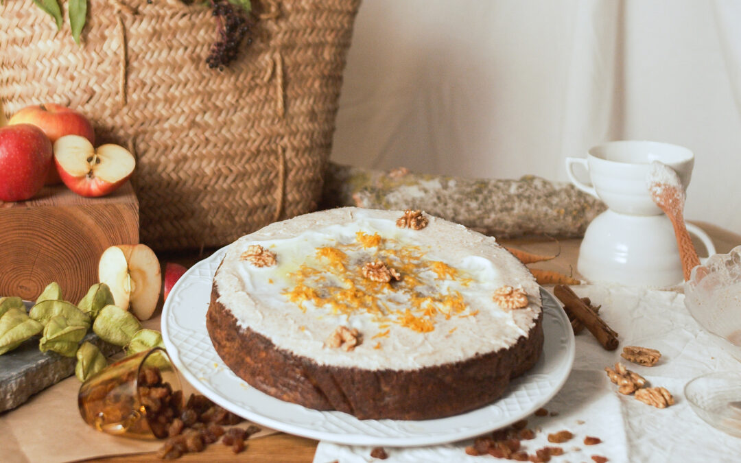 Pastel de zanahoria ecológico y vegano sin azúcar, sin gluten, sin huevos, sin lácteos