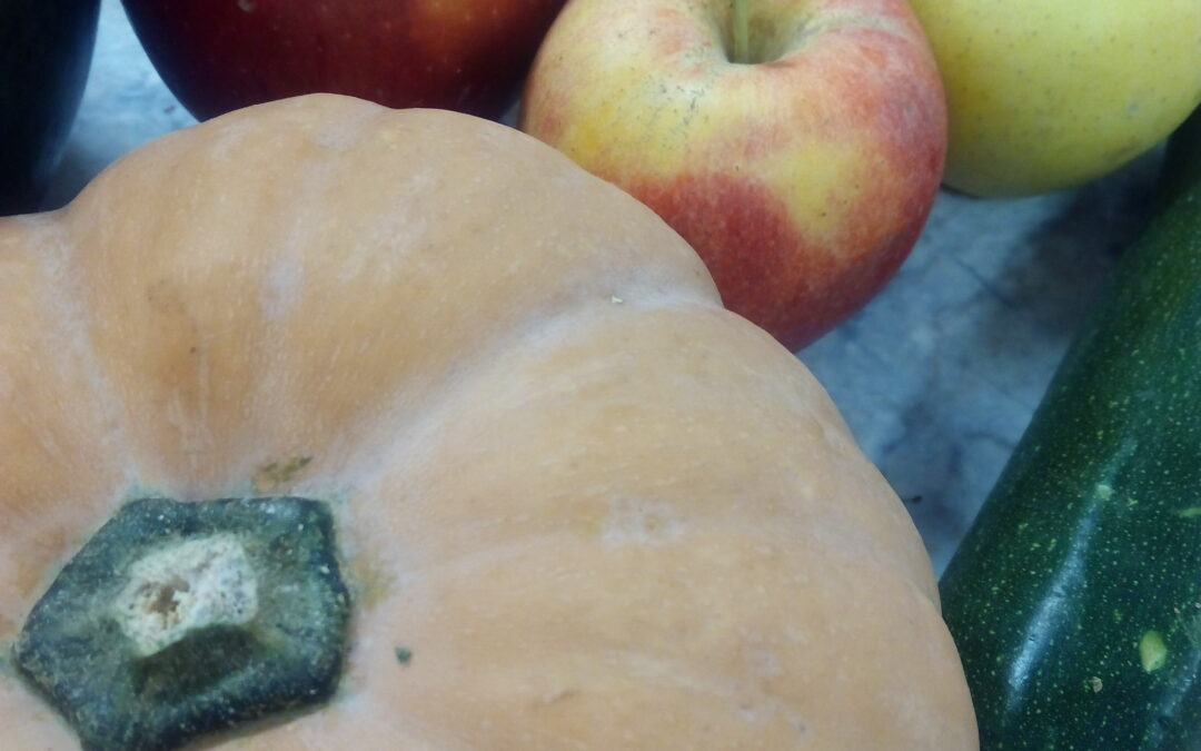 imagen de calabaza, manzana y verduras ecológicas de invierno